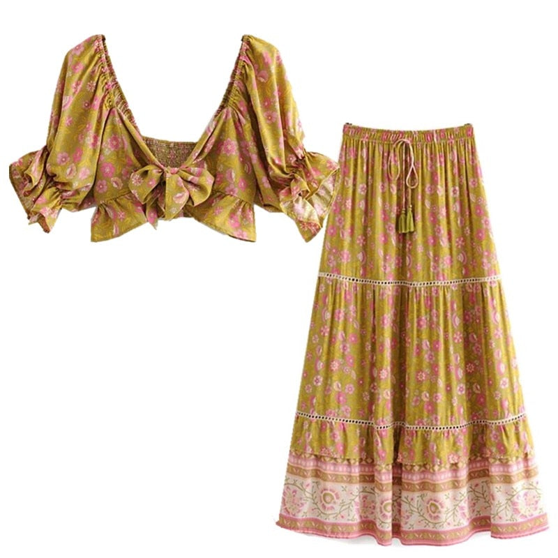 Boho Maxi Long Skirt Half Sleeve Shirt 2 Pieces Set