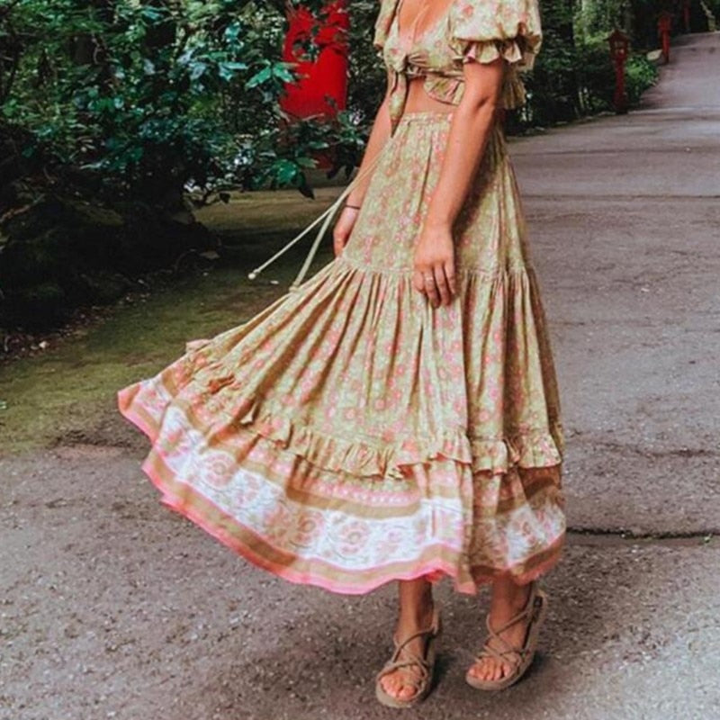 Boho Maxi Long Skirt Half Sleeve Shirt 2 Pieces Set