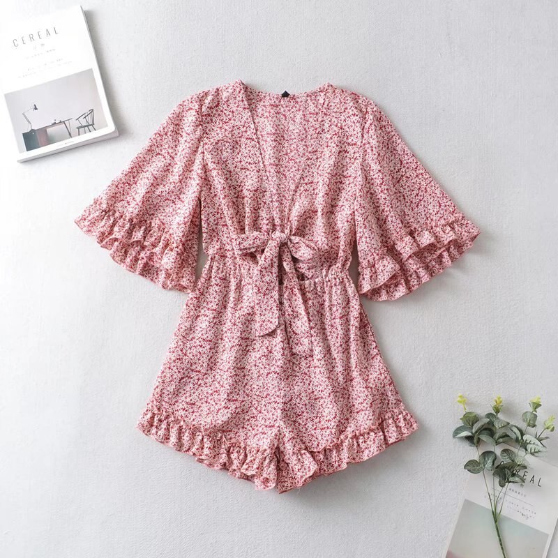 Deep V Neck Floral Print Boho Jumpsuit