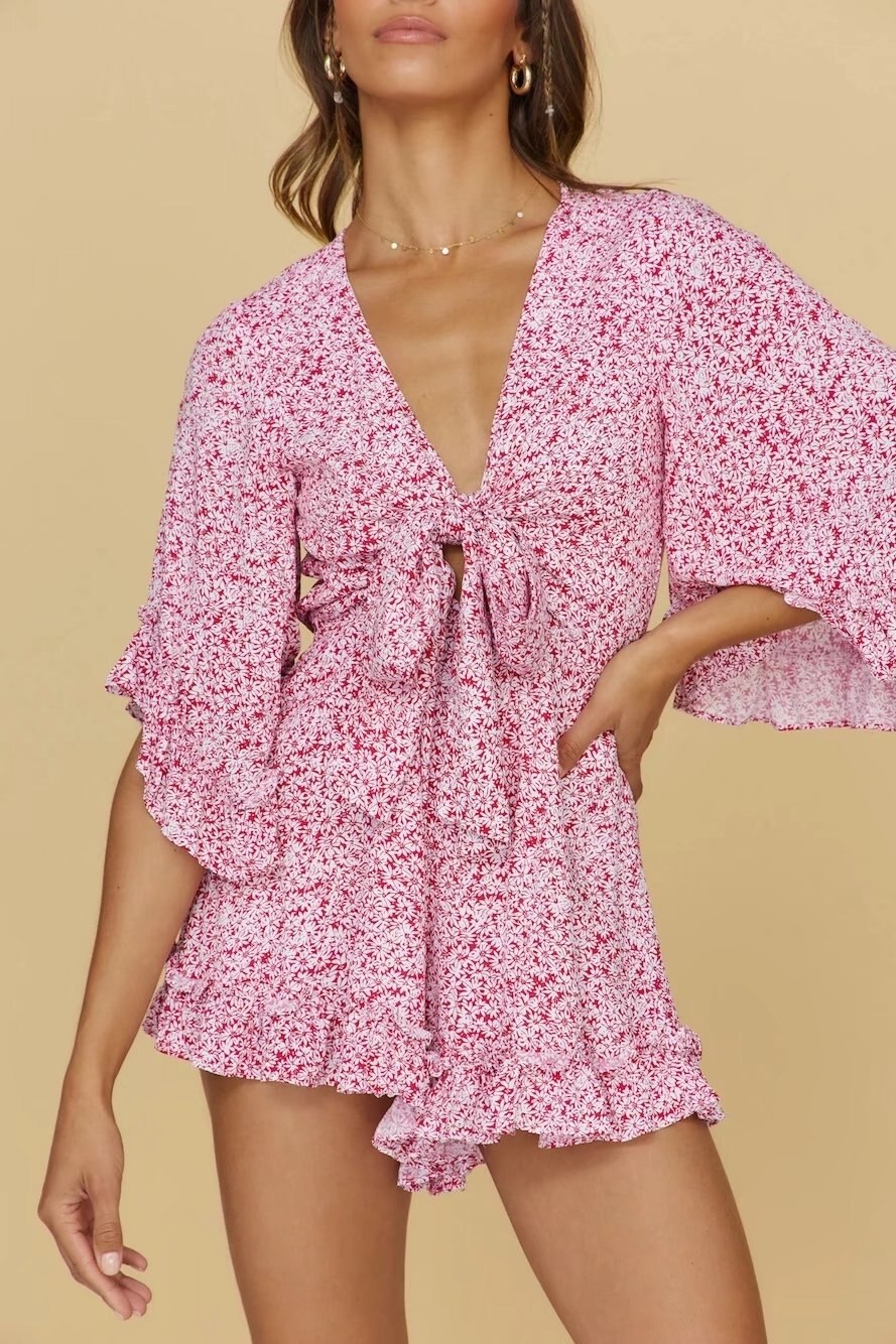 Deep V Neck Floral Print Boho Jumpsuit