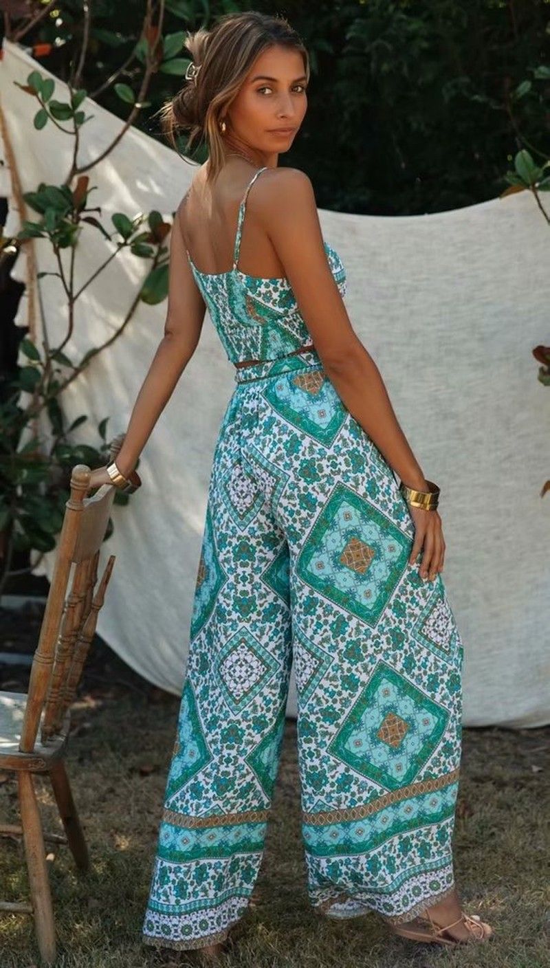 Elegant Boho Cotton Floral Wide-leg Pant and Crop Top