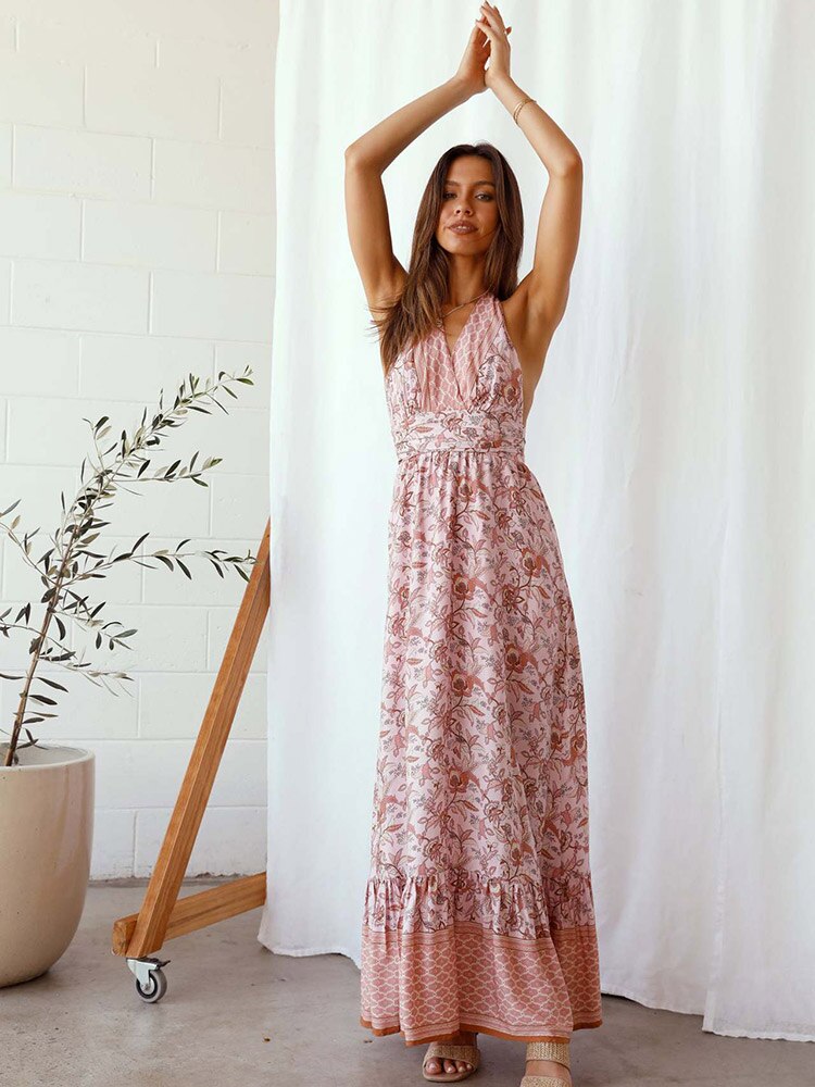 Boho Deep V-Neck Halter Maxi Dress