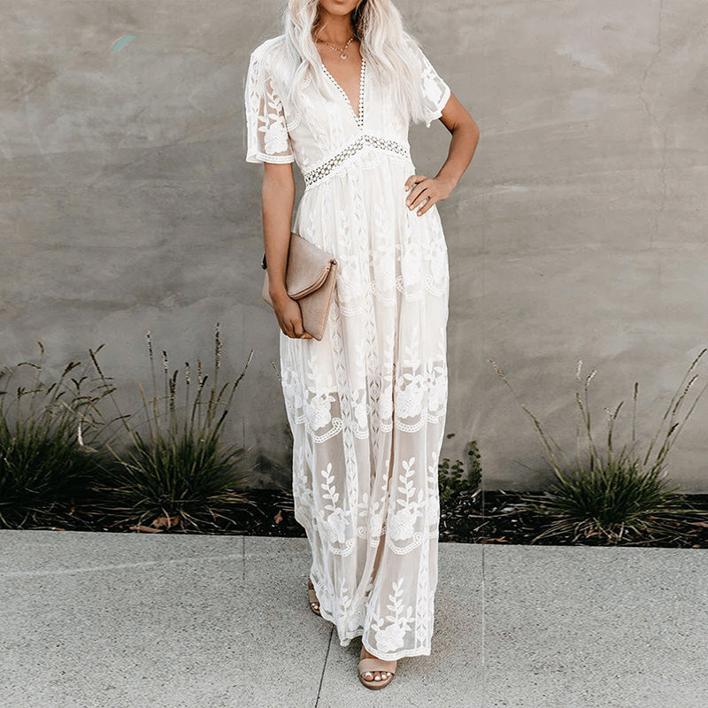 Boho Maxi Dress Loose Embroidery White Lace