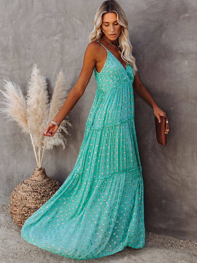 Long Boho Beach Dress Print Sleeveless V Neck