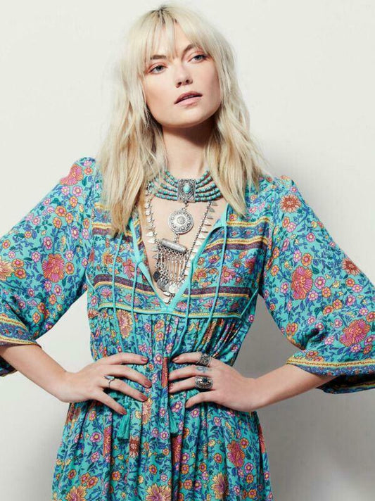 Deep V Neck Boho Floral Midi Dress