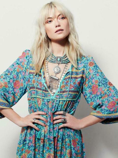 Deep V Neck Boho Floral Midi Dress