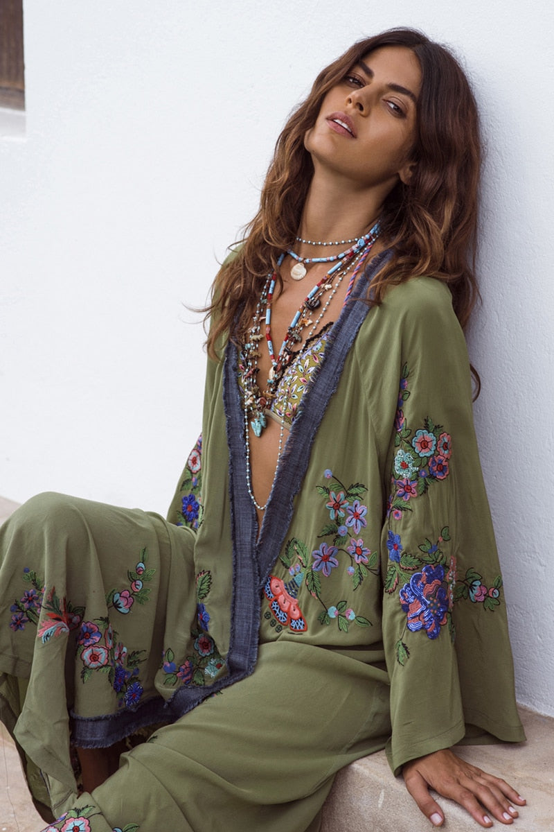 Long Boho Cardigan Light Green Floral Embroidery