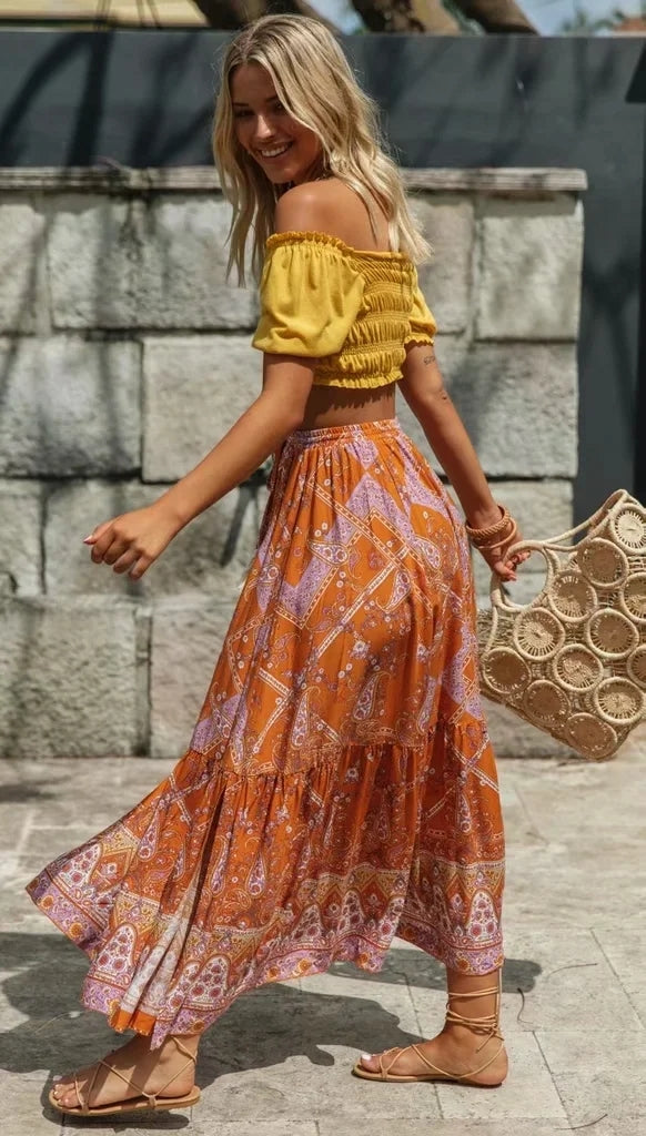 Maxi Skirt Floral Print High Elastic Waist