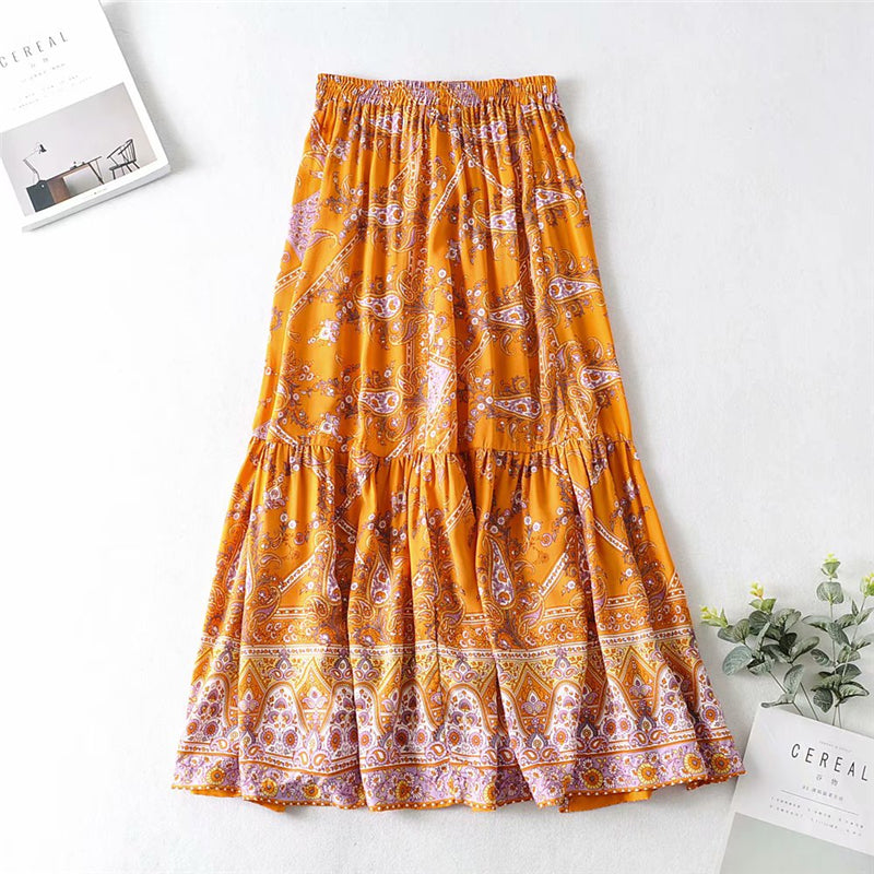 Maxi Skirt Floral Print High Elastic Waist