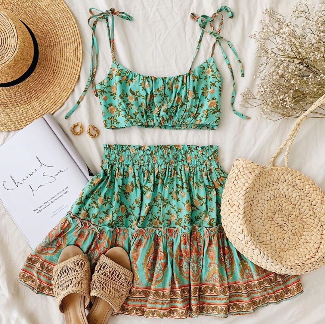 Green Floral Print Set Dress