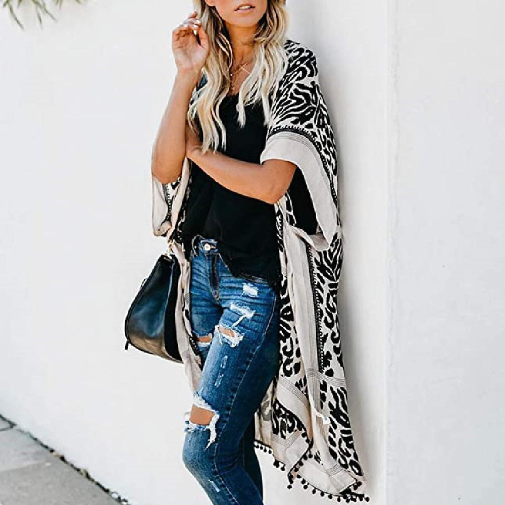 Printed V-Neck Half Sleeve Kimono