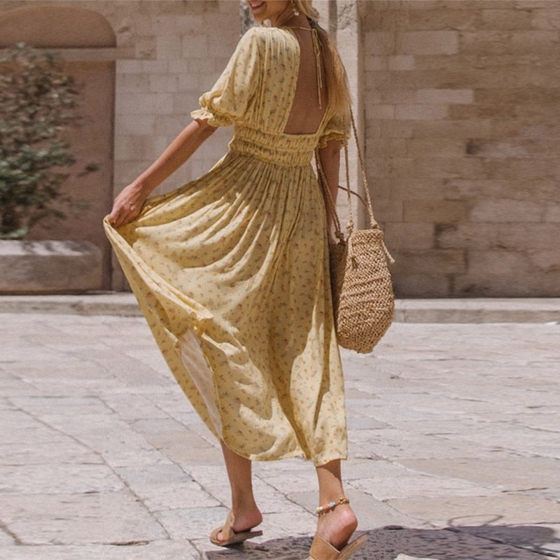 Yellow Floral Print Maxi Dress