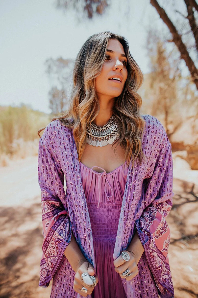 Boho Long Blouse Kaftan Violet Floral