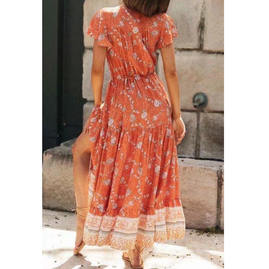 Boho Orange Floral Maxi Dress