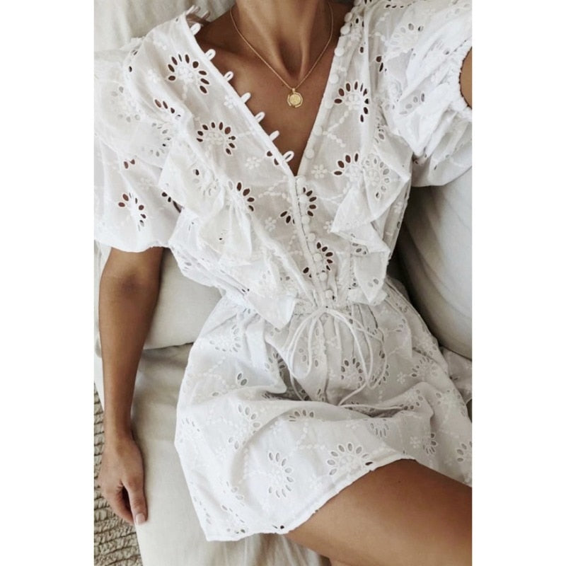 V Neck Embroidery Mini Lace Dress