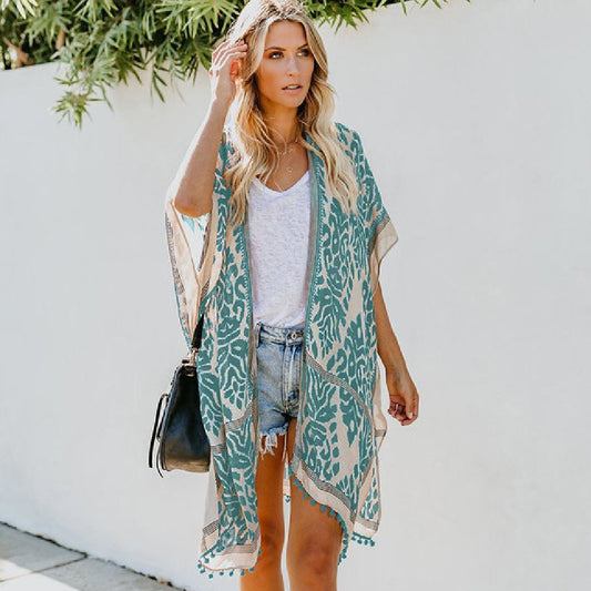 Printed V-Neck Half Sleeve Kimono