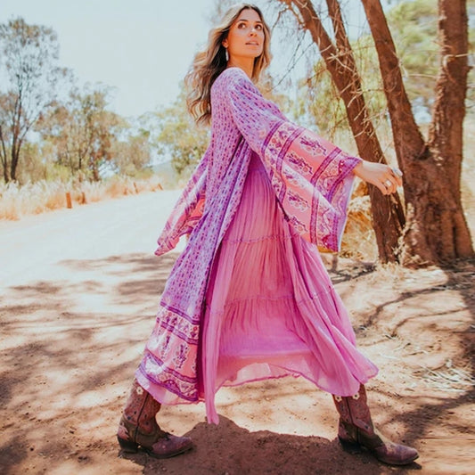 Boho Long Blouse Kaftan Violet Floral