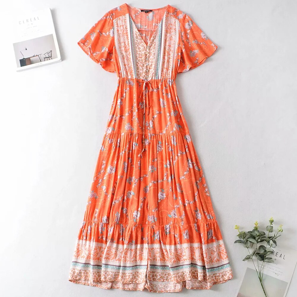 Boho Orange Floral Maxi Dress