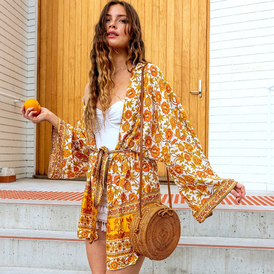 Yellow Floral Print Kimono Sleeve