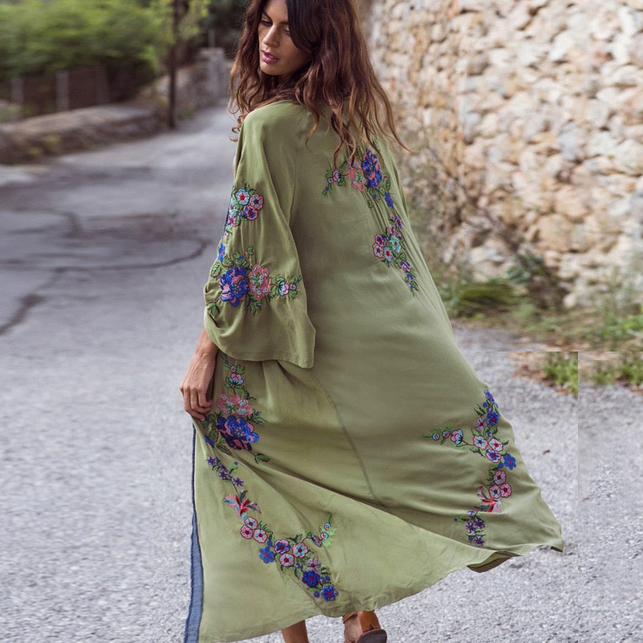 Long Boho Cardigan Light Green Floral Embroidery