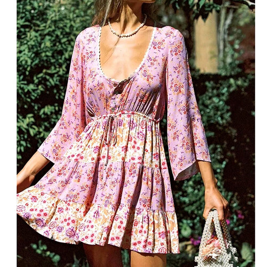 Floral Vintage Pink Mini Dress Pink