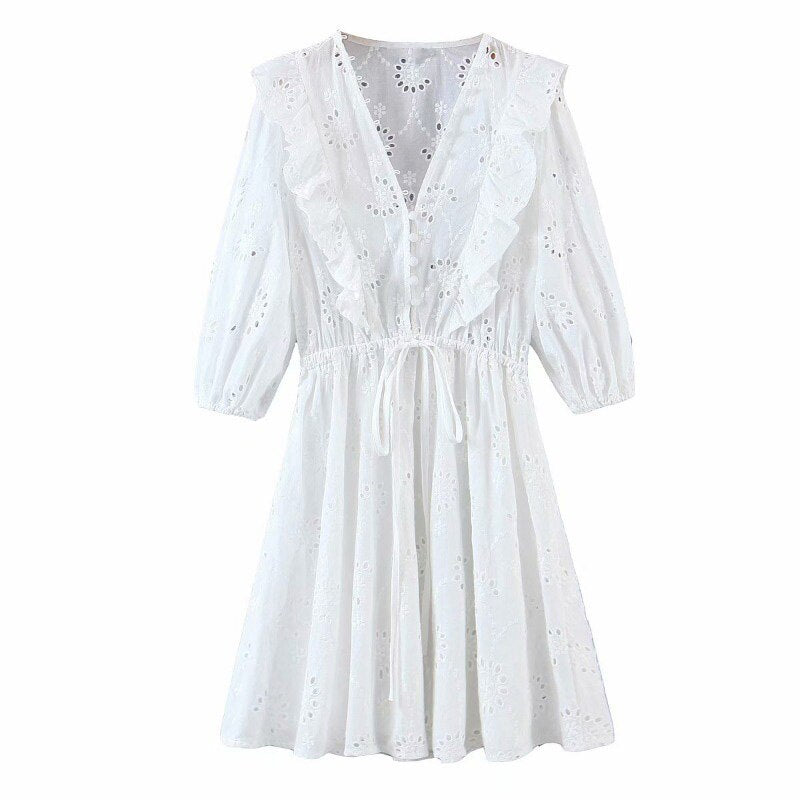 V Neck Embroidery Mini Lace Dress