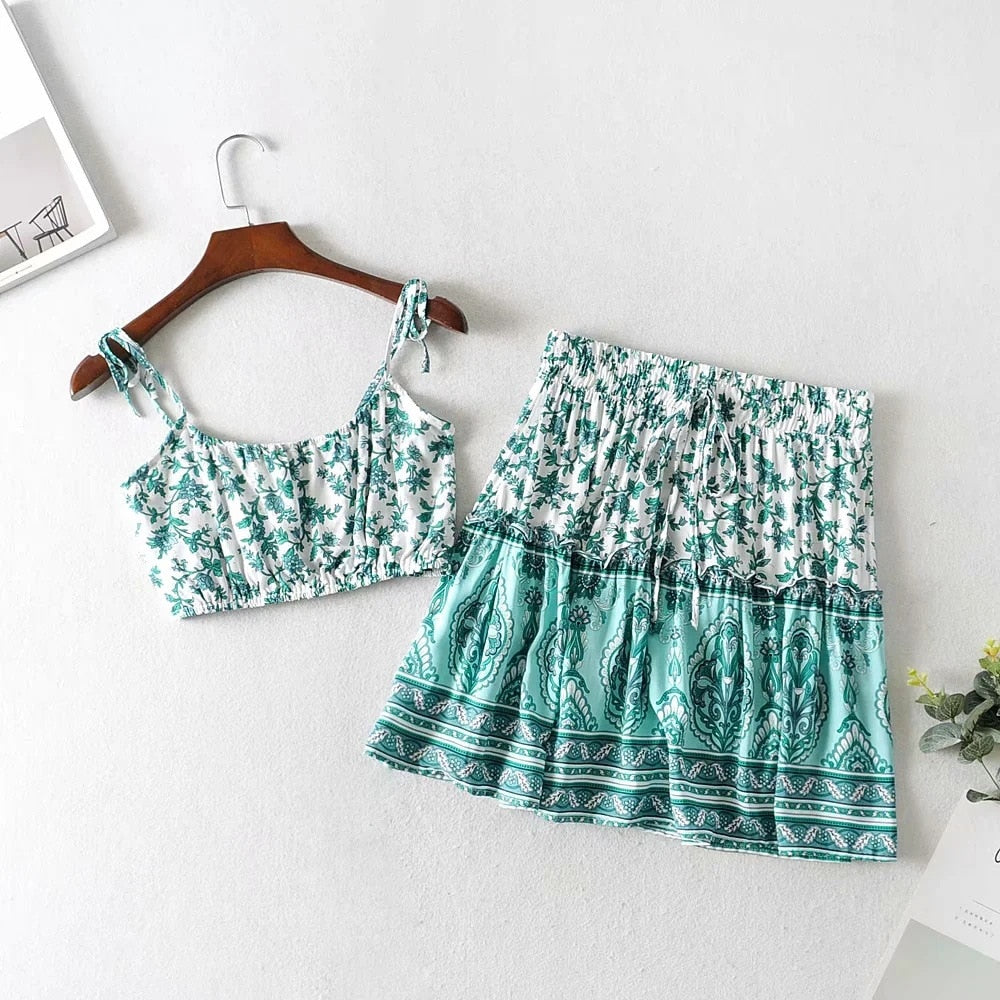 Green Floral Print Set Dress