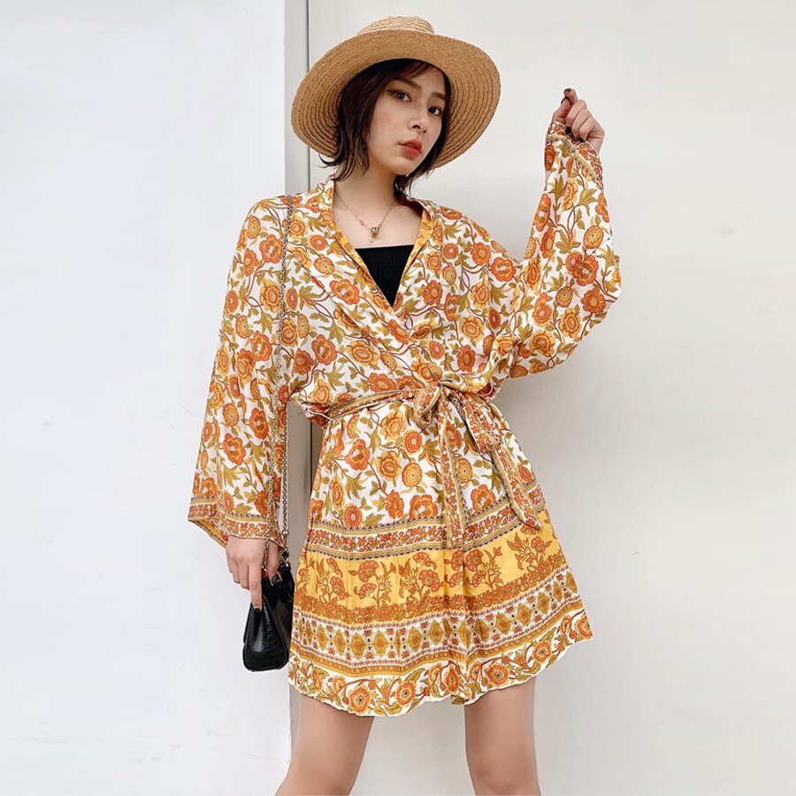 Yellow Floral Print Kimono Sleeve