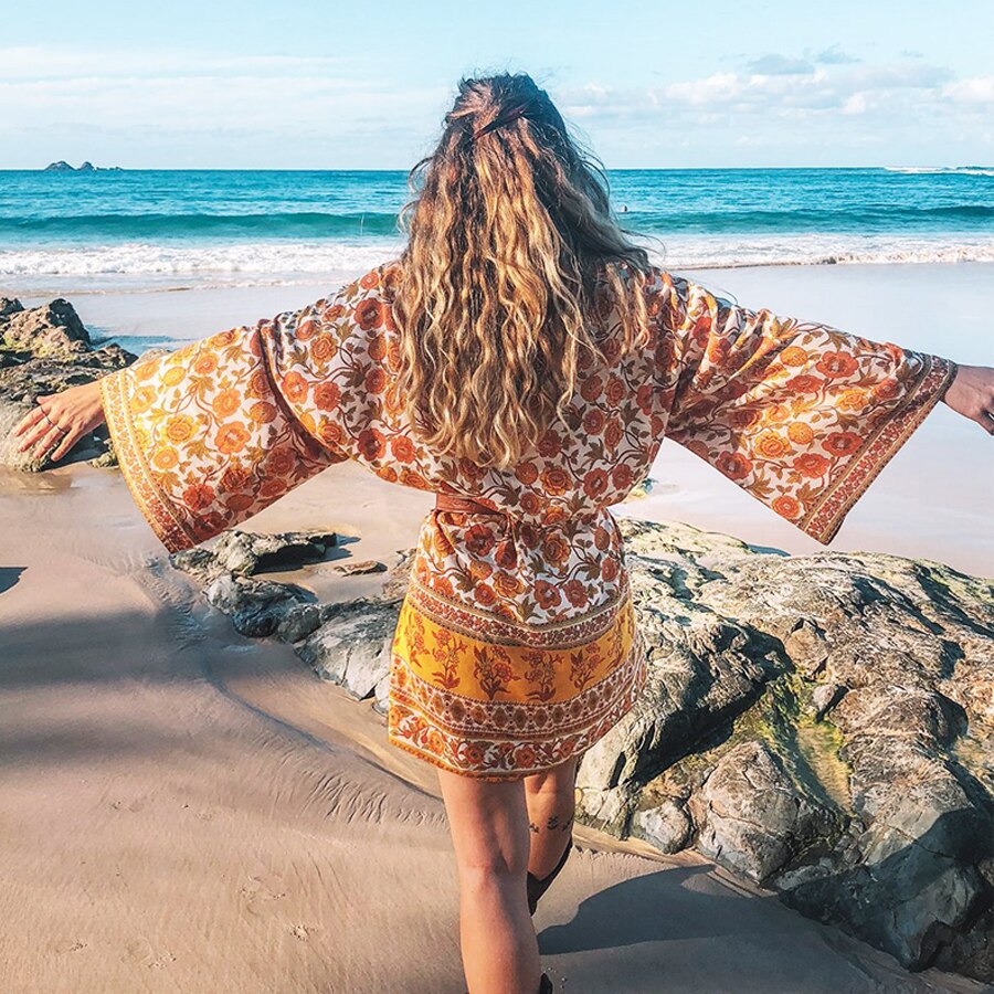 Yellow Floral Print Kimono Sleeve