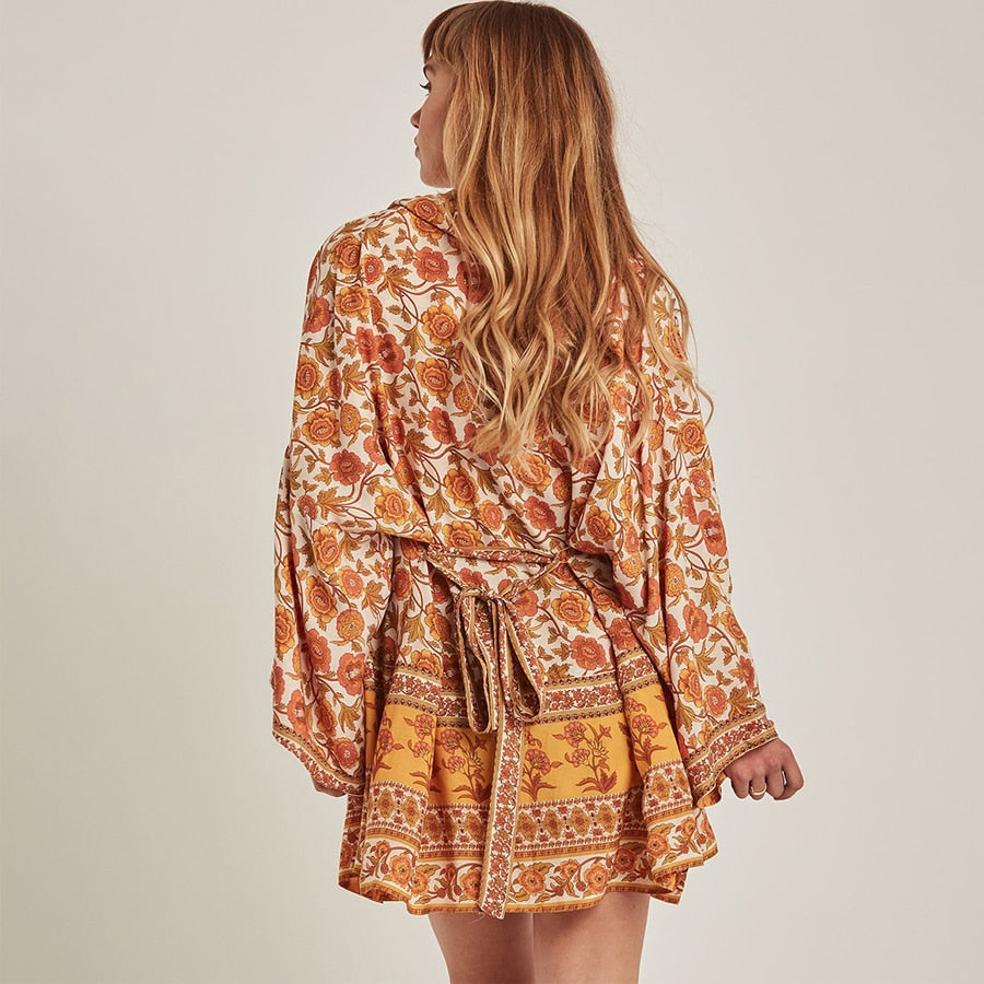 Yellow Floral Print Kimono Sleeve