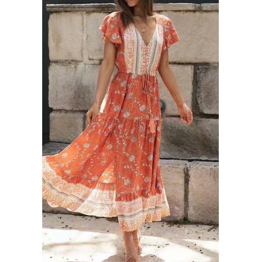 Boho Orange Floral Maxi Dress