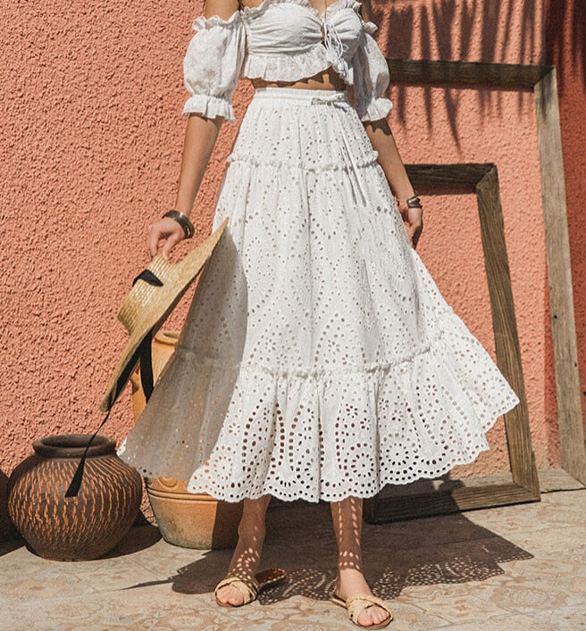 White Floral Embroidery Long Skirt