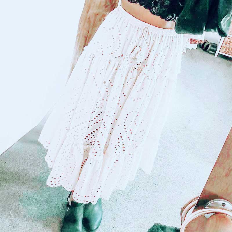 White Floral Embroidery Long Skirt