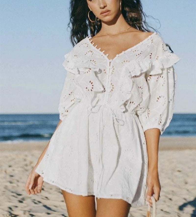 V Neck Embroidery Mini Lace Dress