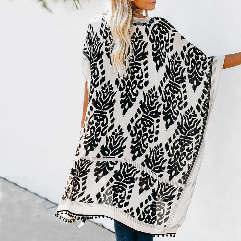 Printed V-Neck Half Sleeve Kimono