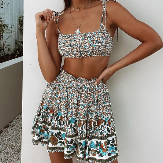 Elastic Waist Mini Skirt Two Pieces Set