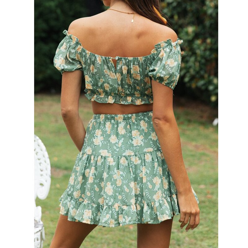 Ruffed A-line Green Floral Two Pieces Dress Set