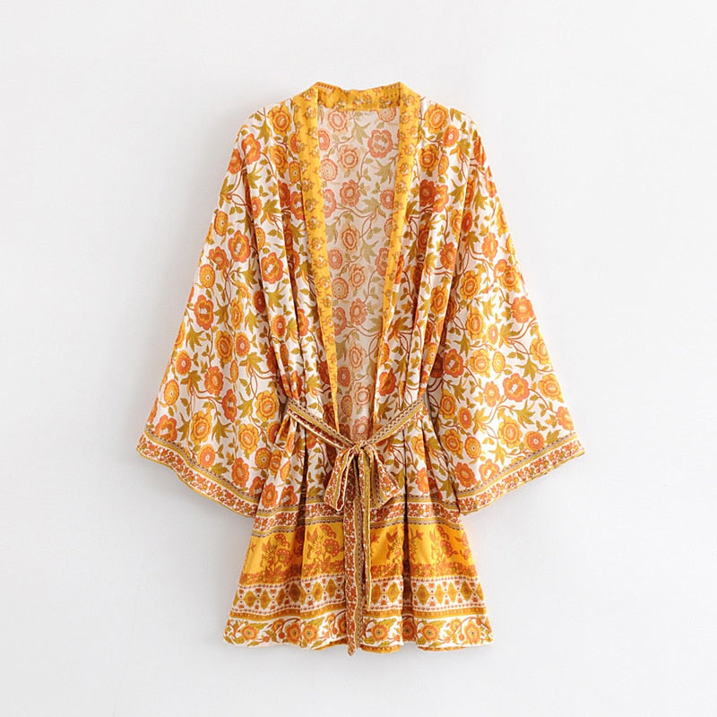 Yellow Floral Print Kimono Sleeve