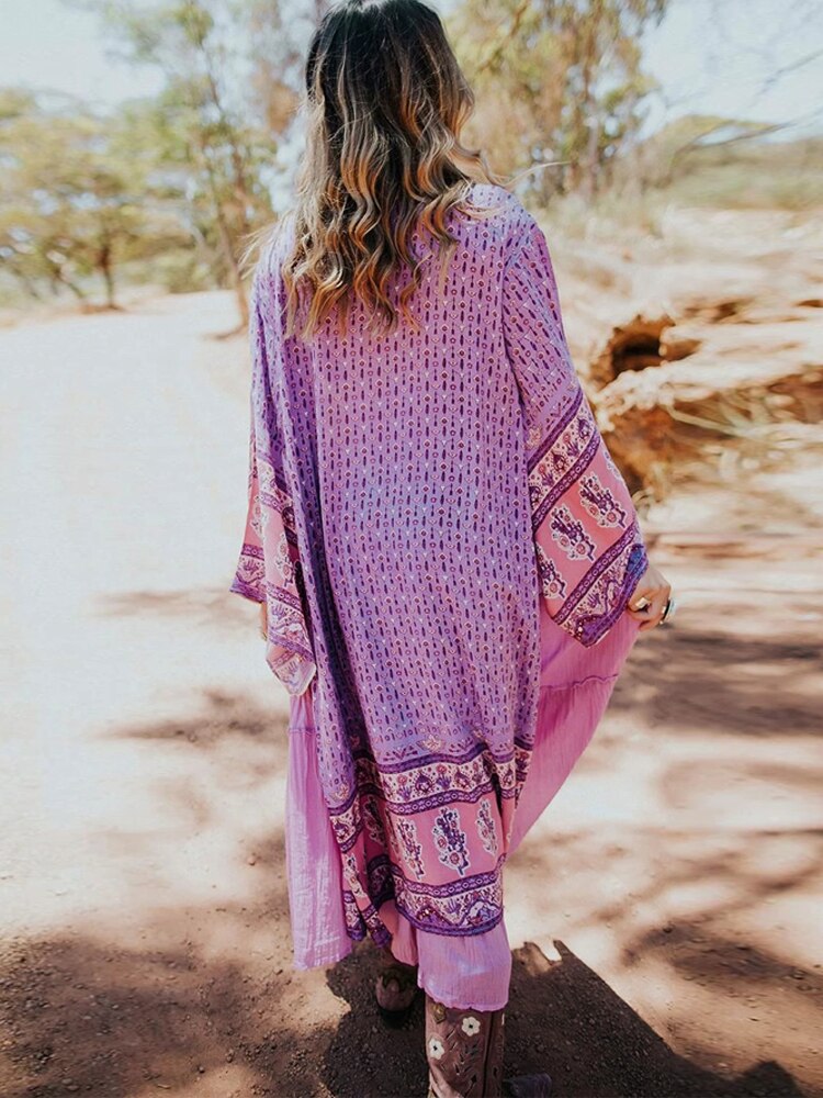 Boho Long Blouse Kaftan Violet Floral