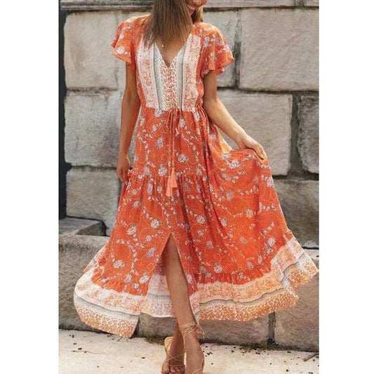 Boho Orange Floral Maxi Dress