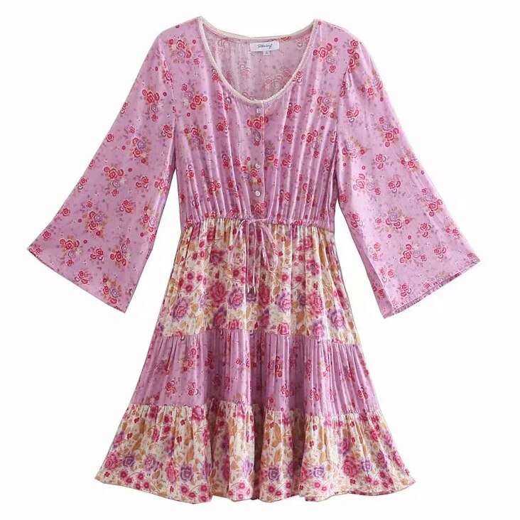 Floral Vintage Pink Mini Dress Pink