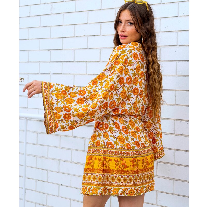 Yellow Floral Print Kimono Sleeve