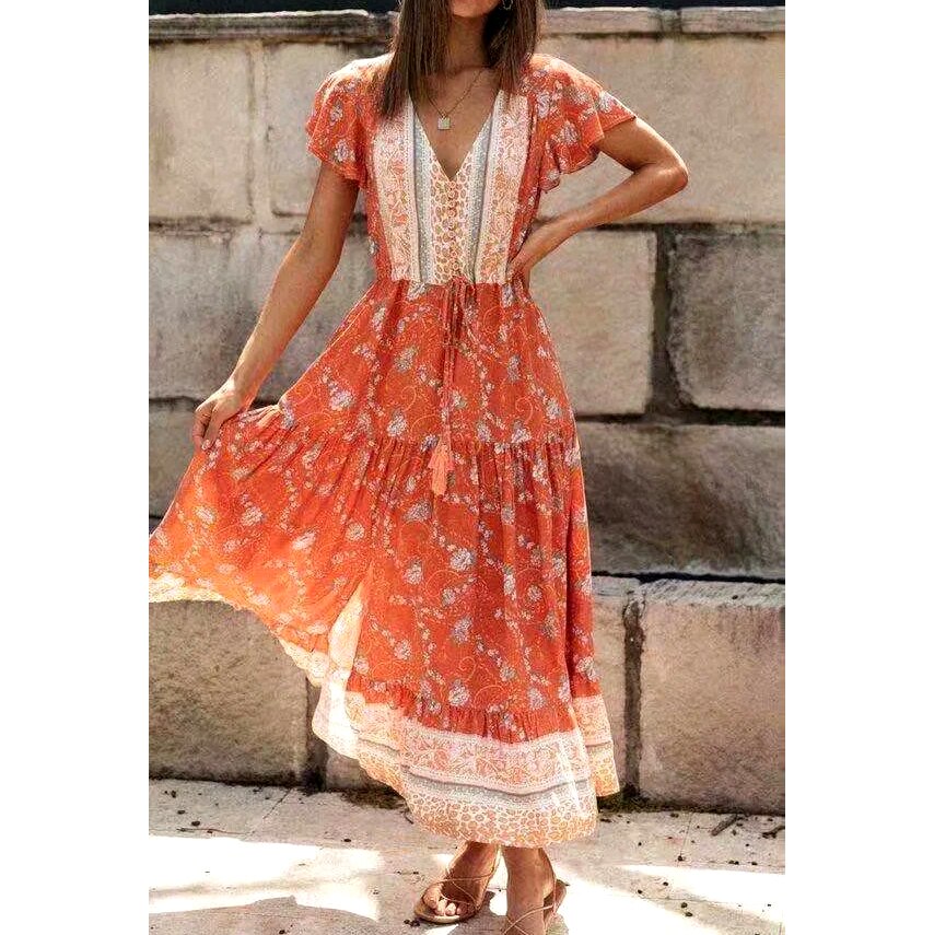 Boho Orange Floral Maxi Dress