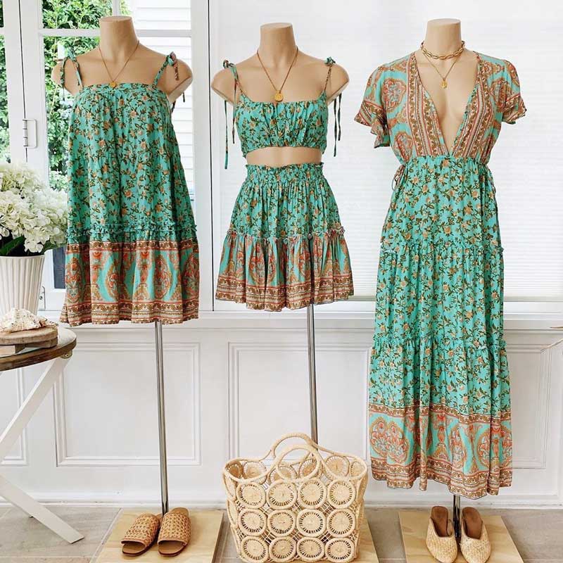 Green Floral Print Set Dress