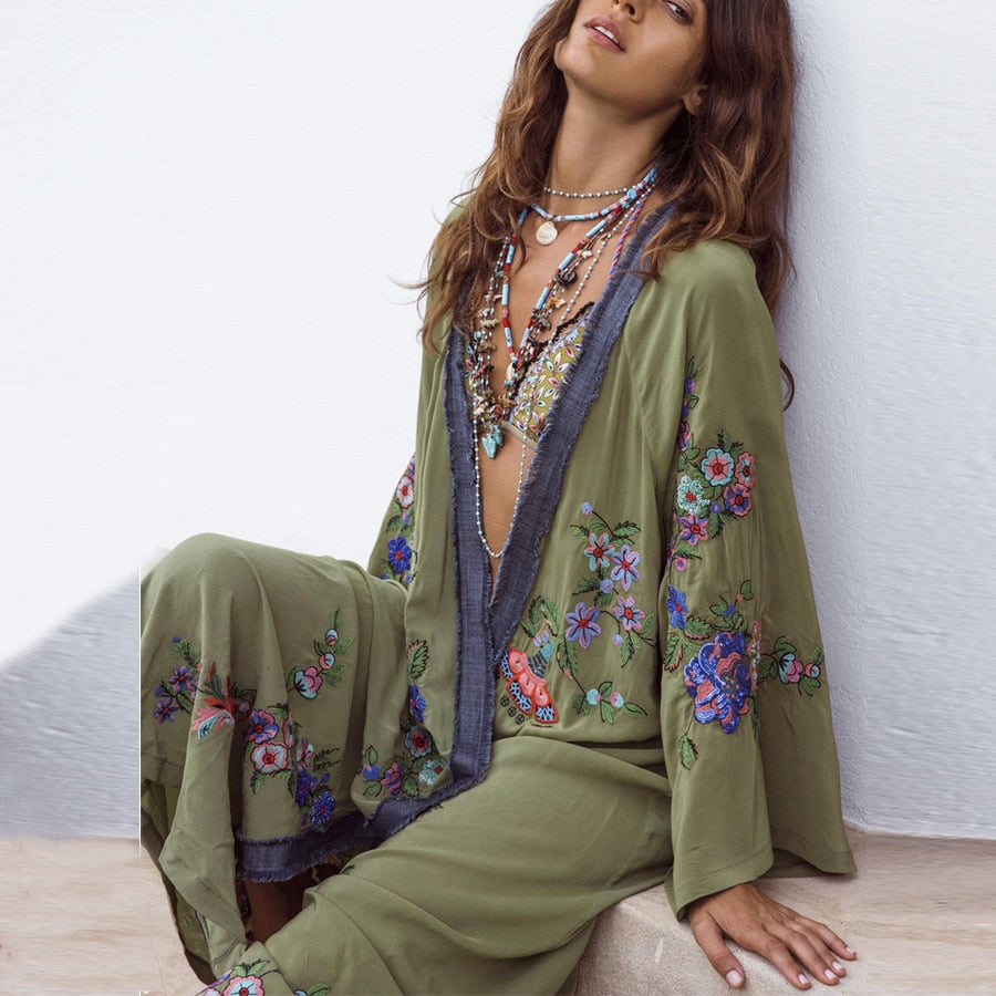 Long Boho Cardigan Light Green Floral Embroidery