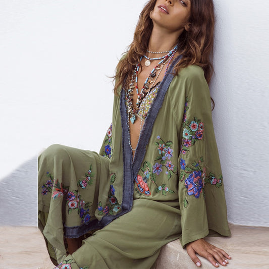 Long Boho Cardigan Light Green Floral Embroidery