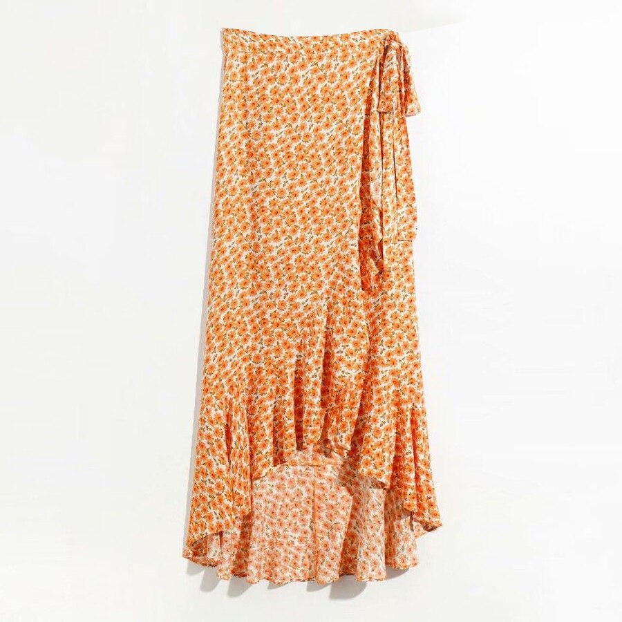 Orange Floral Print Skirt