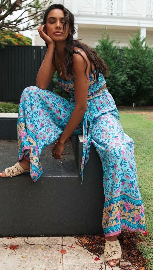 Elegant Boho Cotton Floral Wide-leg Pant and Crop Top