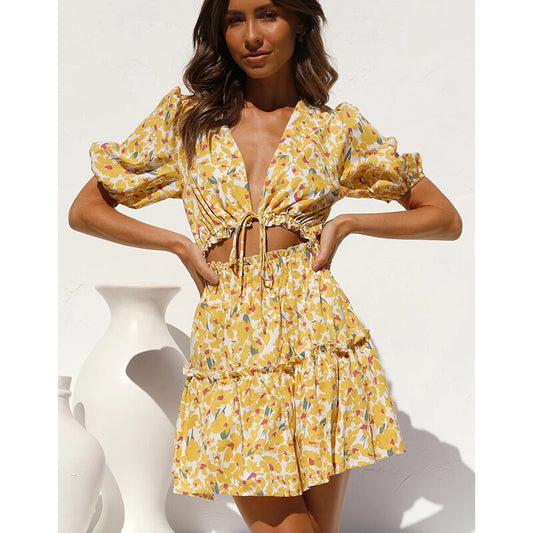 Floral Printed Mini Dress Deep V Neck