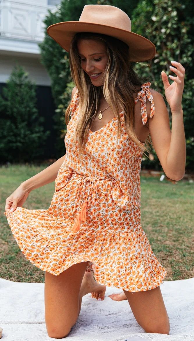 Two Pieces Set Casual Cotton Orange Print